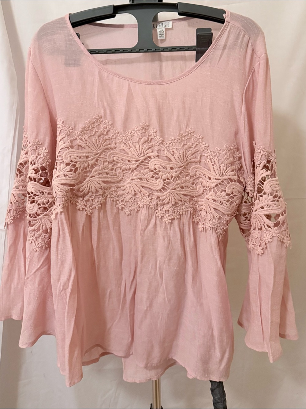 Spense Women's Large Pink Lace-Trim Long Sleeve Top/Blouse
